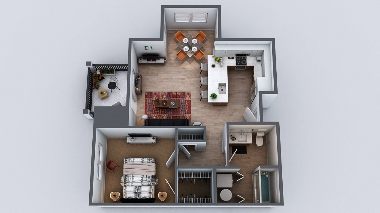Floor plan for 1 bed, 1 bath, 700 sqft